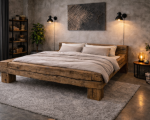 Rustykalne łóżko z litego drewna w stylu industrialnym