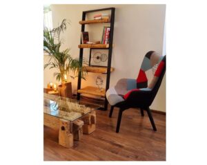 regał ze starych belek, ksiazki w salonie, regał na ksiazki, polka na ksiazki, biblioteczka w domu, oryginalny fotel uszak, ława do salonu, stolik kawowy , wiatek do salonu