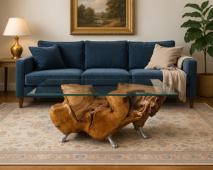 Stylowy stolik kawowy z naturalnego pnia drzewa i szklanym blatem w eleganckim, klasycznym salonie. Wnętrze utrzymane w ciepłych barwach – granatowa sofa, złota lampa, roślina doniczkowa i obraz w ramie nad sofą tworzą harmonijną, przytulną aranżację podkreślającą unikatowy charakter stolika.