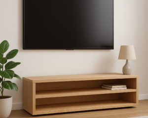 Drewniana szafka RTV na zamówienie z litego drewna, nowoczesna i minimalistyczna, idealna pod telewizor w salonie