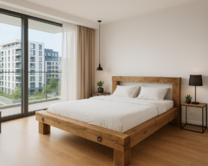 Nowoczesna sypialnia premium w Gdańsku z łóżkiem z litego drewna dębowego od Drewniane Klimaty – ręcznie wykonane meble na wymiar, naturalne drewno, elegancki design