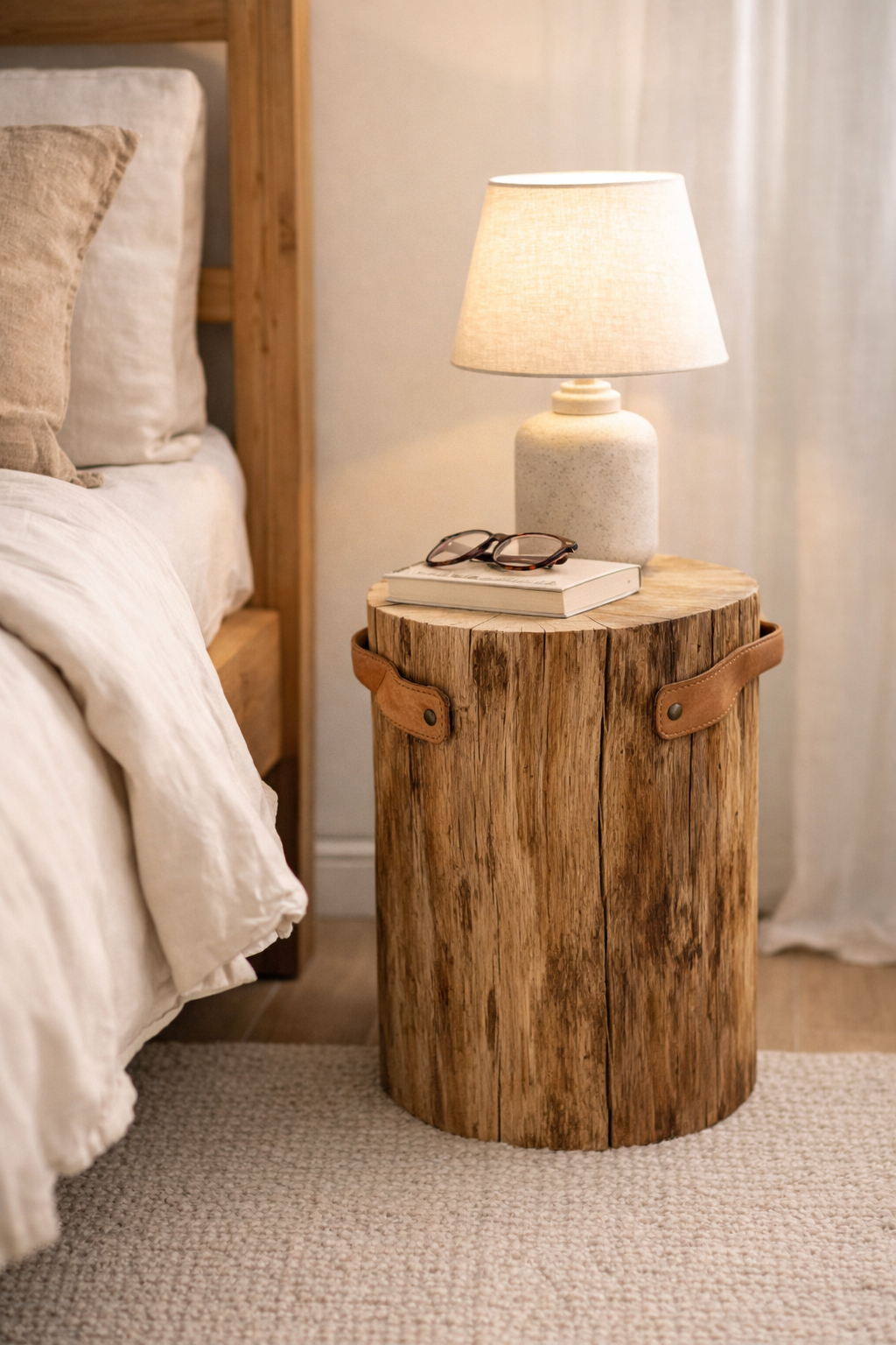 Stolik nocny z pieńka z litego drewna ze skórzanymi uchwytami w naturalnej aranżacji sypialni