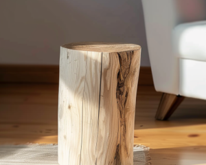 Naturalny drewniany pniak jako stolik kawowy w eleganckim salonie z białą sofą, pieniek drewniany stolik