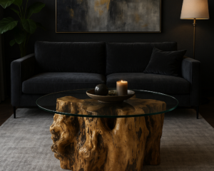 elegancki salon w nowoczesnej rezydencji, z ciemną sofą, abstrakcyjnym obrazem i stolikiem kawowym z naturalnego korzenia drewna przykrytym szklanym blatem, stojącym na szarym dywanie w ciepłym, nastrojowym oświetleniu.