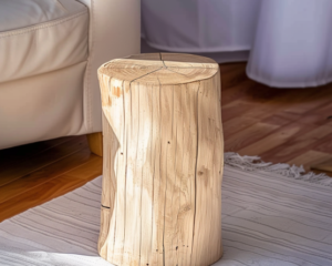 Naturalny drewniany pniak jako stolik kawowy w eleganckim salonie z białą sofą, drewniany pieniek