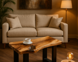 Elegancki salon klasy premium z drewnianym stolikiem kawowym o naturalnej krawędzi i czarnych metalowych nogach. Wnętrze w ciepłych barwach beżu i brązu, z sofą, lampą stojącą, obrazem abstrakcyjnym i miękkim dywanem z futra.