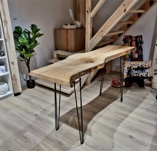 konsola drewniana z naturalną krawędzią , konsola drewniana do przedpokoju wąska konsola z drewna