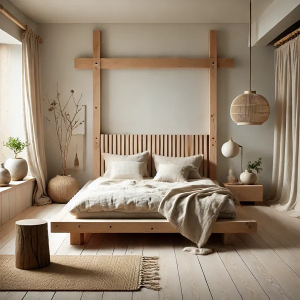 Przytulna sypialnia w stylu Japandi z minimalistycznym drewnianym łóżkiem oraz miękką, neutralną lnianą pościelą. W pokoju znajdują się ręcznie tkane narzuty, ręcznie wykonane koce i dekoracyjne poduszki o grubym splocie. Łóżko jest ozdobione warstwami tekstyliów, co tworzy ciepły i przytulny wygląd. Jasne drewniane podłogi, ściany w odcieniach złamanej bieli i delikatne zasłony dodają wnętrzu spokojnej atmosfery. Minimalistyczne dekoracje obejmują jutowy dywan i małe rośliny doniczkowe. Miękkie, naturalne światło wpada przez duże okna, podkreślając rzemieślniczy i harmonijny charakter przestrzeni. sypialnia idealna