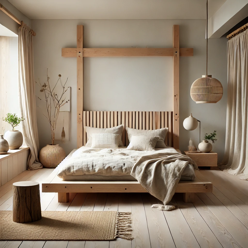 Przytulna sypialnia w stylu Japandi z minimalistycznym drewnianym łóżkiem oraz miękką, neutralną lnianą pościelą. W pokoju znajdują się ręcznie tkane narzuty, ręcznie wykonane koce i dekoracyjne poduszki o grubym splocie. Łóżko jest ozdobione warstwami tekstyliów, co tworzy ciepły i przytulny wygląd. Jasne drewniane podłogi, ściany w odcieniach złamanej bieli i delikatne zasłony dodają wnętrzu spokojnej atmosfery. Minimalistyczne dekoracje obejmują jutowy dywan i małe rośliny doniczkowe. Miękkie, naturalne światło wpada przez duże okna, podkreślając rzemieślniczy i harmonijny charakter przestrzeni.