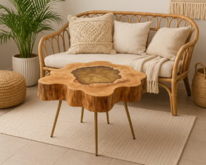 Stolik kawowy z żywicą epoksydową z plastra naturalnego drewna, na trzech metalowych nogach, w aranżacji boho premium z rattanową sofą.