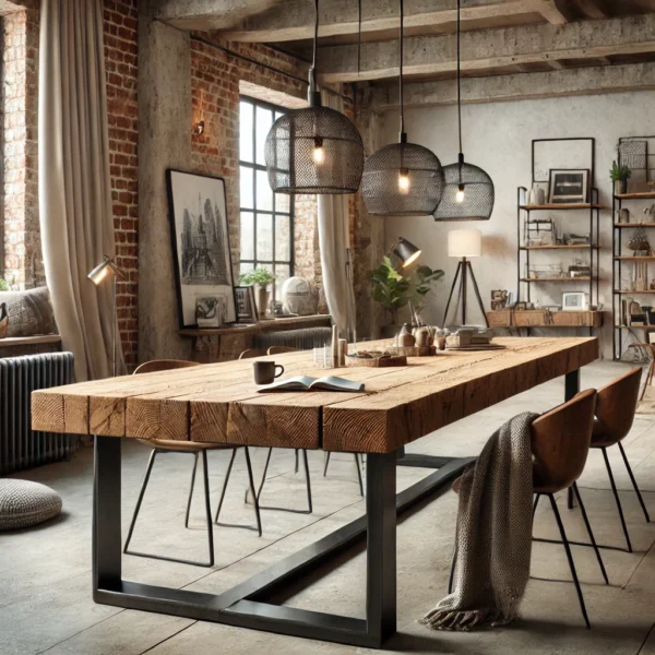 Stół industrialny z drewna i stali w przestrzeni loftowej – Surowy stół z naturalnego drewna i czarnymi stalowymi nogami, ustawiony w stylowym wnętrzu z ceglaną ścianą i industrialnymi dodatkami.