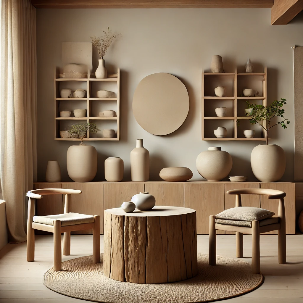 Wnętrze w stylu Japandi z dużym drewnianym pniem jako centralnym stołem, otoczone minimalistycznymi meblami i naturalnymi dekoracjami, takimi jak rośliny doniczkowe i ceramiczne wazony, na tle jasnobeżowych ścian i ciepłego oświetlenia. mały stół do salonu