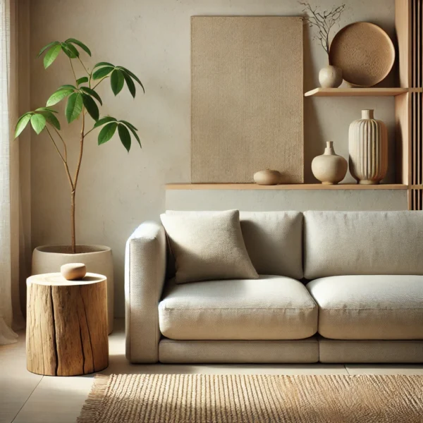 Sofa w stylu Japandi o prostych liniach i neutralnej tapicerce, obok której znajduje się naturalny drewniany pieńek pełniący rolę stolika bocznego. Wnętrze uzupełniają jasne beżowe ściany, roślina doniczkowa, drewniane dekoracje i ciepłe, miękkie oświetlenie, tworząc harmonijną i przytulną atmosferę.