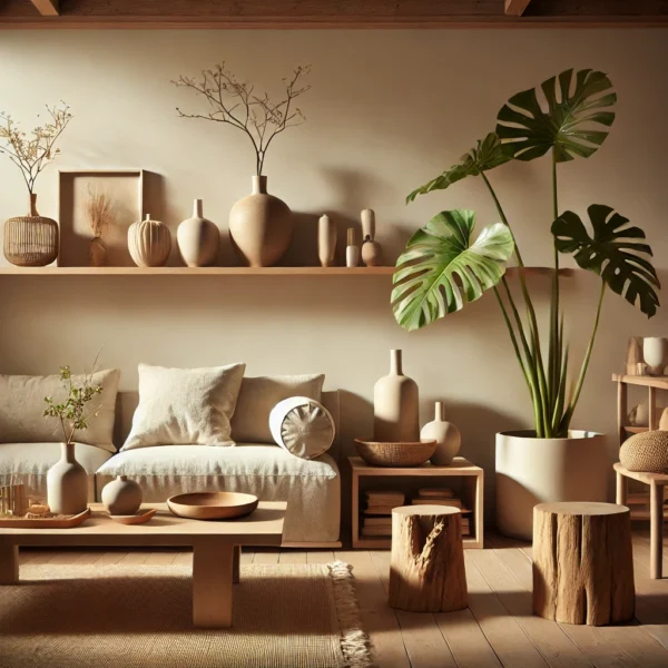 Salon w stylu Japandi z minimalistycznymi meblami, w tym niskim drewnianym stolikiem kawowym, neutralną sofą i pieńkiem jako stolikiem bocznym. Wnętrze uzupełniają ceramiczne wazony, tkany dywan i duża roślina doniczkowa. Beżowe ściany i ciepłe, rozproszone oświetlenie tworzą harmonijną, przytulną atmosferę