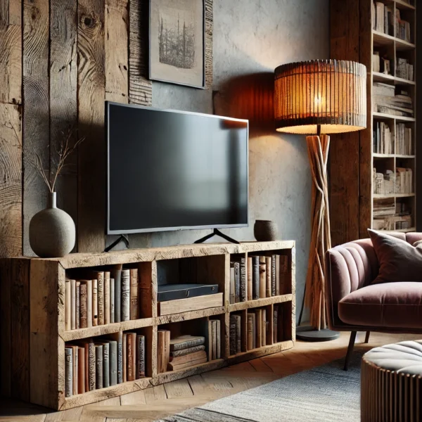 Rustykalny salon z otwartą komodą RTV wykonaną z odzyskanego drewna, na której półkach znajdują się książki. Obok stoi elegancki welurowy fotel, a całość dopełnia ręcznie wykonana lampa z postarzanego drewna. Przytulna atmosfera podkreślona jest miękkim, ciepłym oświetleniem.