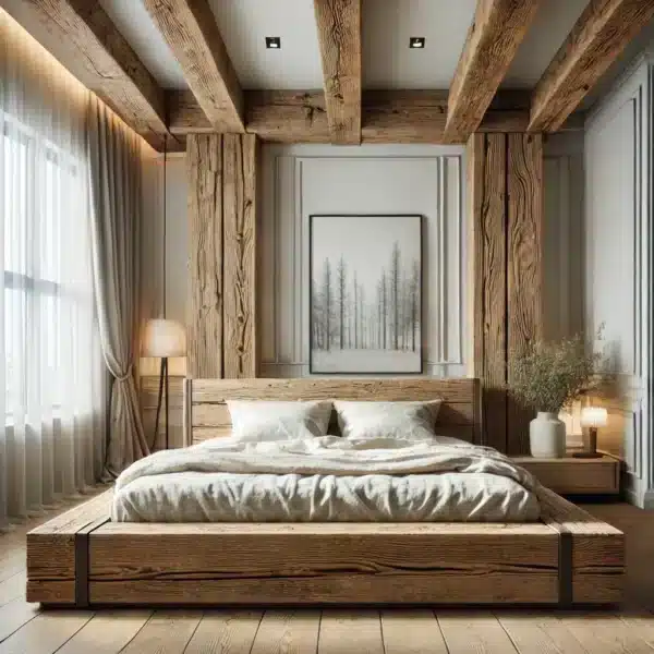 Nowoczesna sypialnia z wyeksponowanym łóżkiem z wiekowego drewna, minimalistycznym designem, delikatnymi firankami, obrazem na ścianie i eleganckim lustrem, tworząca jasne i przytulne wnętrze. Łóżko małżeńskie