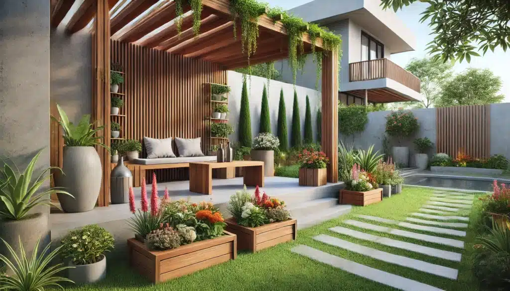 Nowoczesny ogród z elementami małej architektury ogrodowej, takimi jak pergola, rustykalna ławka i minimalistyczne drewniane donice z kolorowymi kwiatami. W tle widoczny nowoczesny dom, a całość otoczona jest starannie przyciętą trawą, ścieżkami z kamienia i bujną zielenią. Naturalne światło podkreśla harmonię między drewnianymi strukturami a otaczającą przyrodą.