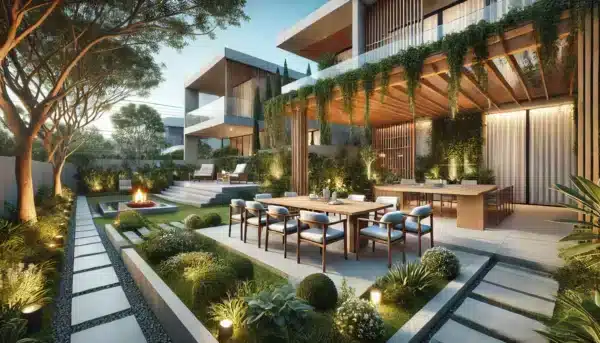 Nowoczesny ogród przy domu – inspirująca przestrzeń z minimalistycznym designem. Drewniane meble ogrodowe, pergola z pnącymi roślinami, klimatyczne oświetlenie i centralny kominek tworzą idealne miejsce do relaksu. Eleganckie ścieżki z kamienia, podwyższone rabaty i niewielka fontanna podkreślają estetykę tej funkcjonalnej przestrzeni. Poznaj pomysły na stylowy ogród dopasowany do współczesnej architektury!