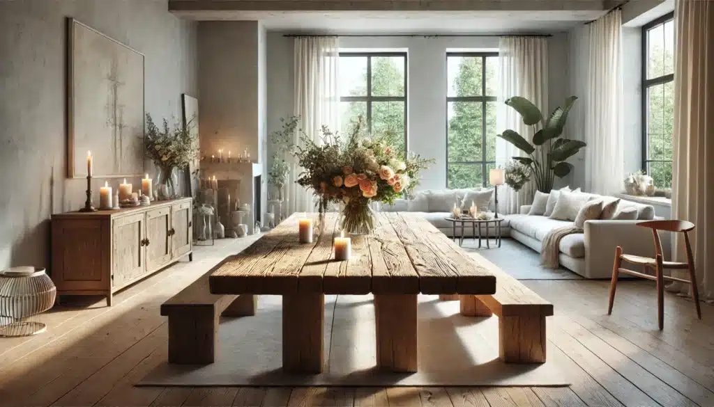 Jasny salon z centralnym stołem z wiekowego drewna, udekorowany świeżymi kwiatami w wazonie i zapalonymi świecami. Przestrzeń wypełnia naturalne światło, minimalistyczne meble i przytulny wystrój, łącząc rustykalny urok z nowoczesną elegancją.