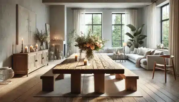 Jasny salon z centralnym stołem z wiekowego drewna, udekorowany świeżymi kwiatami w wazonie i zapalonymi świecami. Przestrzeń wypełnia naturalne światło, minimalistyczne meble i przytulny wystrój, łącząc rustykalny urok z nowoczesną elegancją.