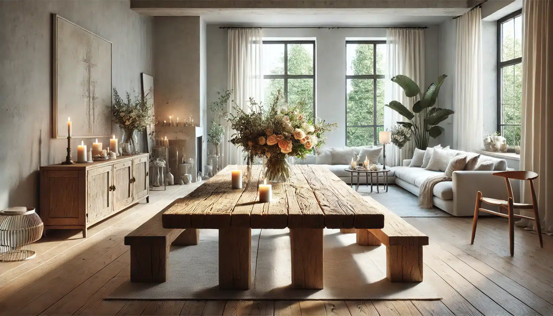 Jasny salon z centralnym stołem z wiekowego drewna, udekorowany świeżymi kwiatami w wazonie i zapalonymi świecami. Przestrzeń wypełnia naturalne światło, minimalistyczne meble i przytulny wystrój, łącząc rustykalny urok z nowoczesną elegancją.