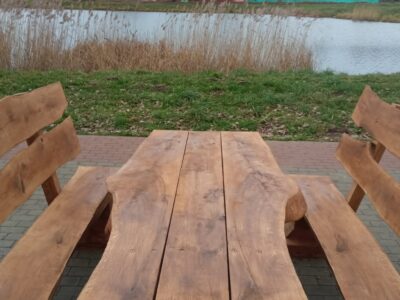 Zestaw ławostołów z naturalnego drewna ustawiony na brukowanej ścieżce przy zbiorniku wodnym. Drewniane ławki i stół o masywnym i rustykalnym charakterze, wkomponowane w otoczenie zieleni i krajobrazu miejskiego z alejkami i budynkami w tle