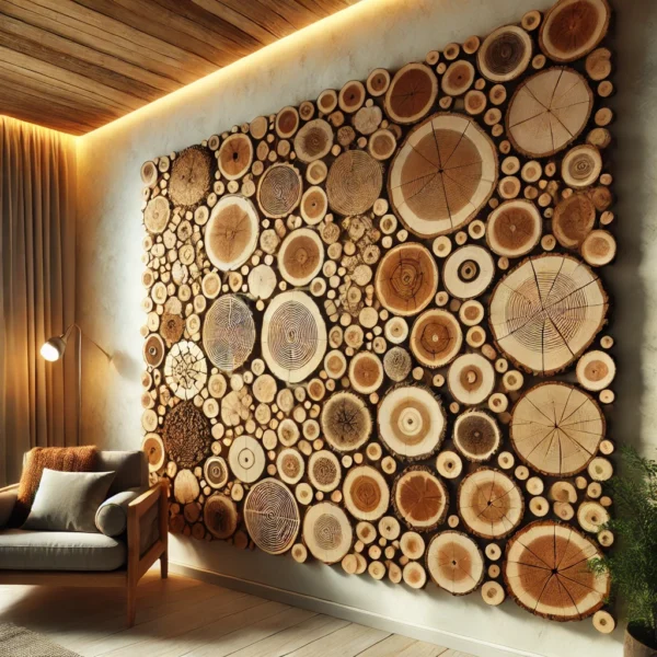 Ściana z plasterków drewna – naturalna dekoracja wnętrza w stylu rustykalnym i skandynawskim. Drewniane krążki tworzą ciepły i ekologiczny design. Idealne rozwiązanie do salonu, sypialni lub kawiarni. Naturalne dodatki do domu