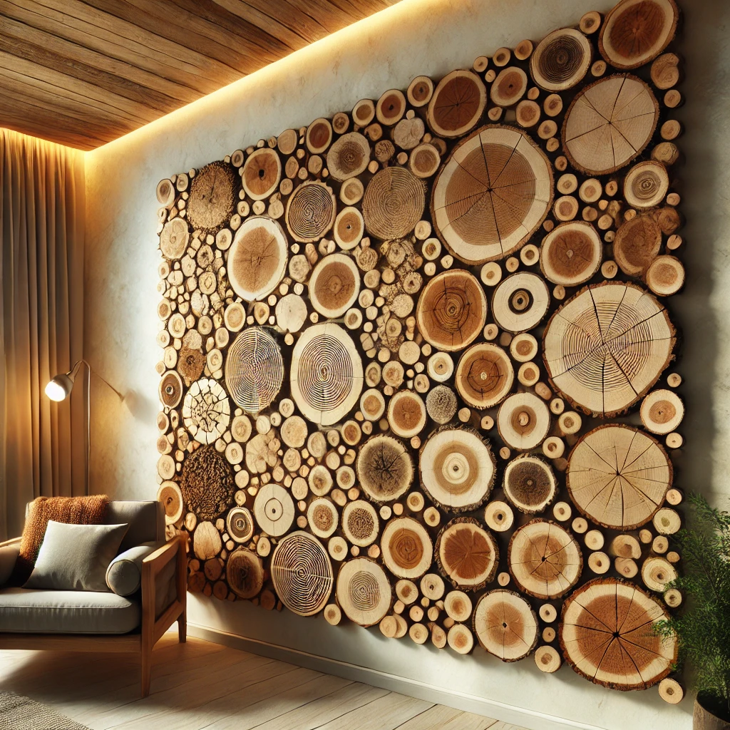 Ściana z plasterków drewna – naturalna dekoracja wnętrza w stylu rustykalnym i skandynawskim. Drewniane krążki tworzą ciepły i ekologiczny design. Idealne rozwiązanie do salonu, sypialni lub kawiarni.