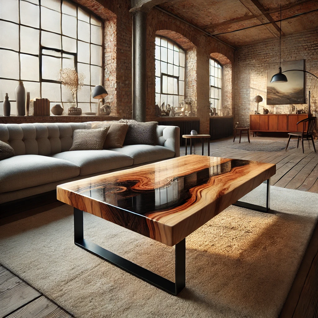 Loftowy salon z ręcznie wykonanym stolikiem z żywicą i naturalnego drewna. Stół o industrialnym designie, z czarną żywicą epoksydową i metalowymi nogami, otoczony ceglaną ścianą, dużymi oknami i nowoczesnym wystrojem w stylu loft. Ciepłe oświetlenie i surowe materiały nadają wnętrzu wyjątkowy, industrialny charakter