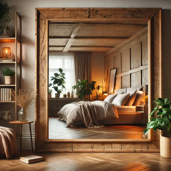 Stylowe lustro z drewna rozbiórkowego w sypialni – Oryginalny dodatek do wnętrza z naturalnymi akcentami, łóżkiem z lnianą pościelą i drewnianą szafką nocną.
